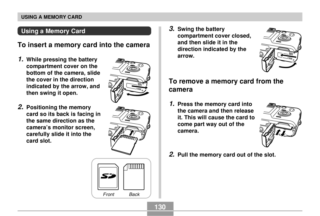 Casio QV-R40 To insert a memory card into the camera, To remove a memory card from the camera, 130, Using a Memory Card 