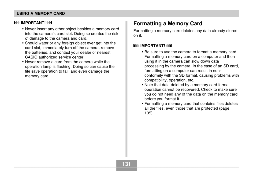 Casio QV-R40 manual Formatting a Memory Card, 131 