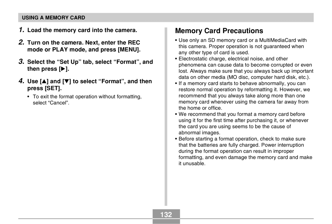 Casio QV-R40 manual Memory Card Precautions, 132 