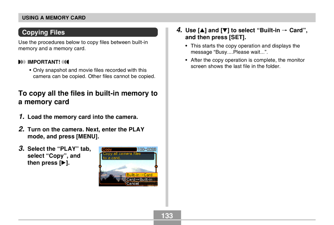 Casio QV-R40 manual To copy all the files in built-in memory to a memory card, 133, Copying Files 