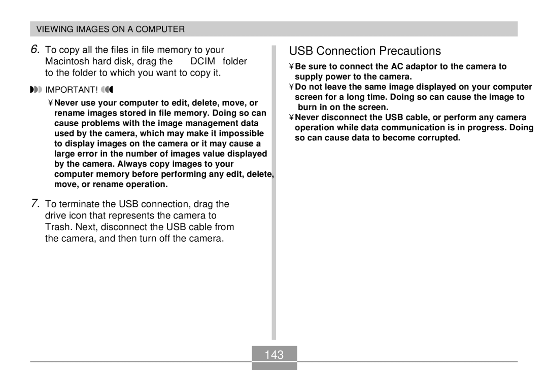 Casio QV-R40 manual USB Connection Precautions, 143 