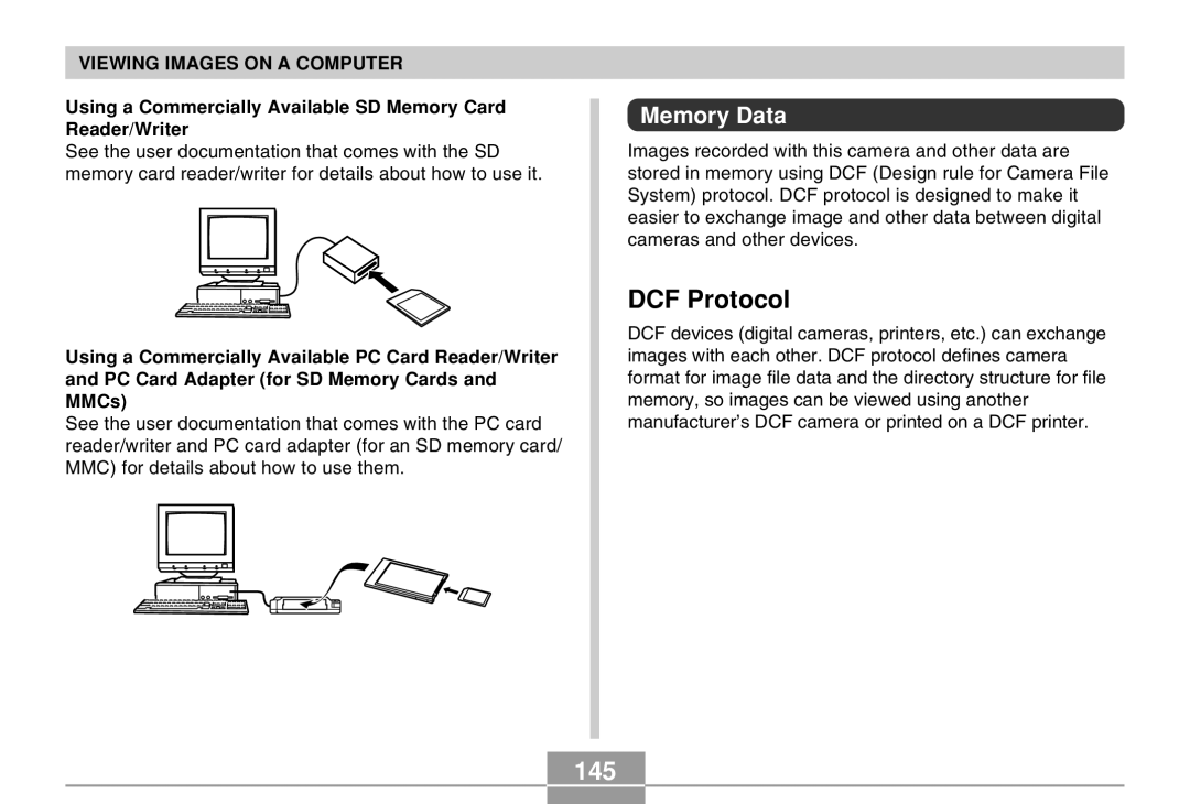 Casio QV-R40 manual DCF Protocol, 145, Memory Data, Using a Commercially Available SD Memory Card Reader/Writer 