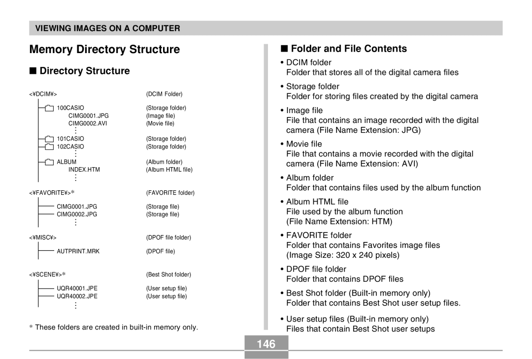 Casio QV-R40 manual Memory Directory Structure, 146, Folder and File Contents 