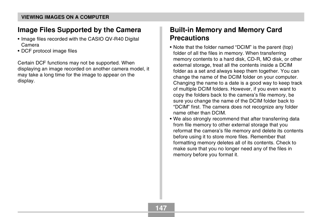 Casio QV-R40 manual Image Files Supported by the Camera, Built-in Memory and Memory Card Precautions, 147 