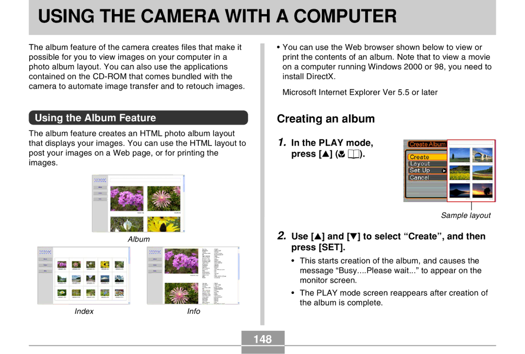 Casio QV-R40 manual Using the Camera with a Computer, Creating an album, 148, Using the Album Feature 