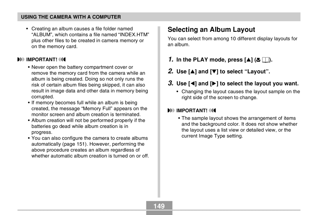 Casio QV-R40 manual Selecting an Album Layout, 149 