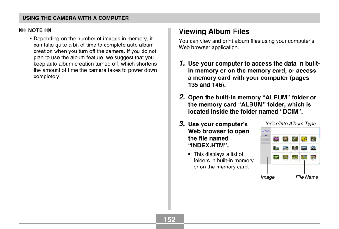 Casio QV-R40 manual Viewing Album Files, 152, Web browser to open File named 