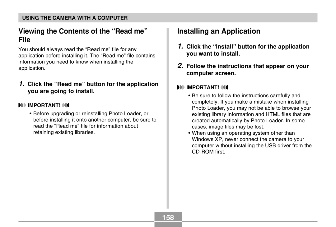 Casio QV-R40 manual Viewing the Contents of the Read me File, Installing an Application, 158 