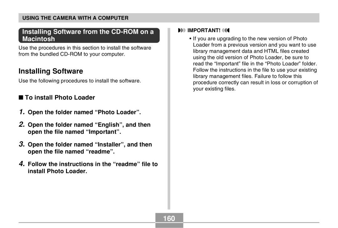 Casio QV-R40 manual 160, Installing Software from the CD-ROM on a Macintosh, To install Photo Loader 