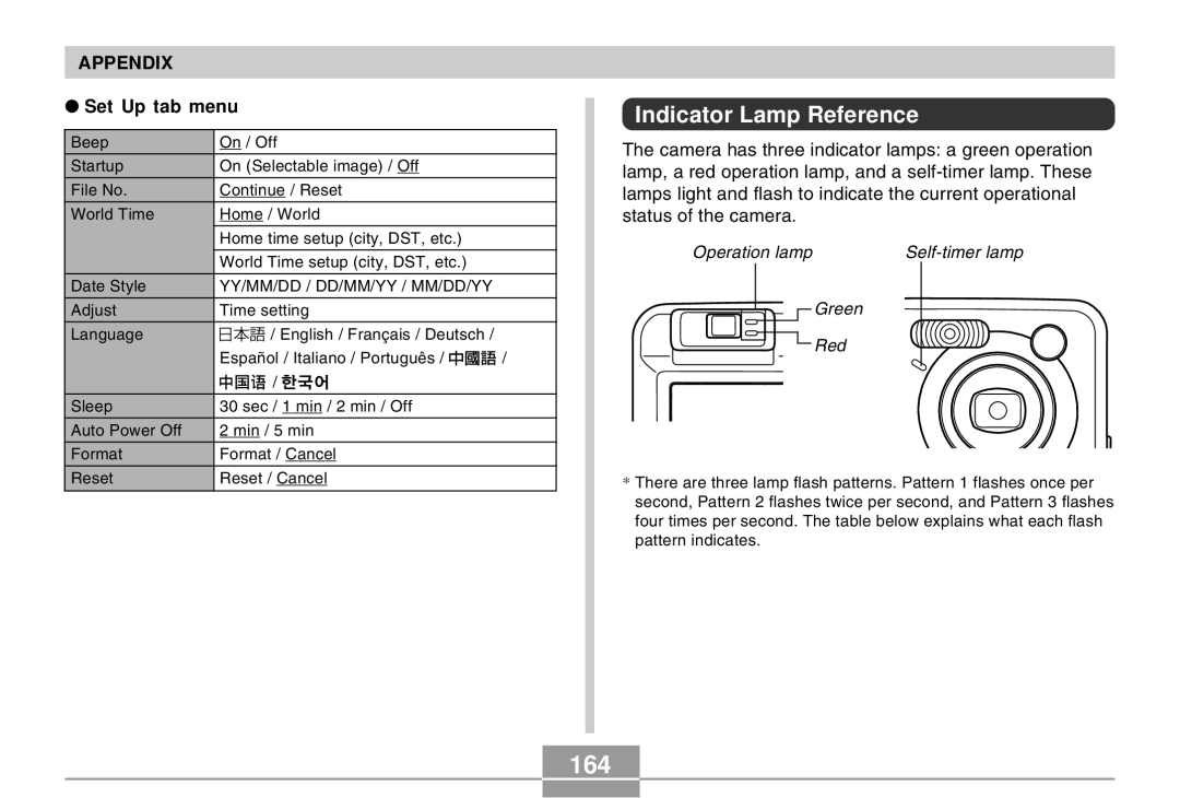 Casio QV-R40 manual 164, Indicator Lamp Reference 