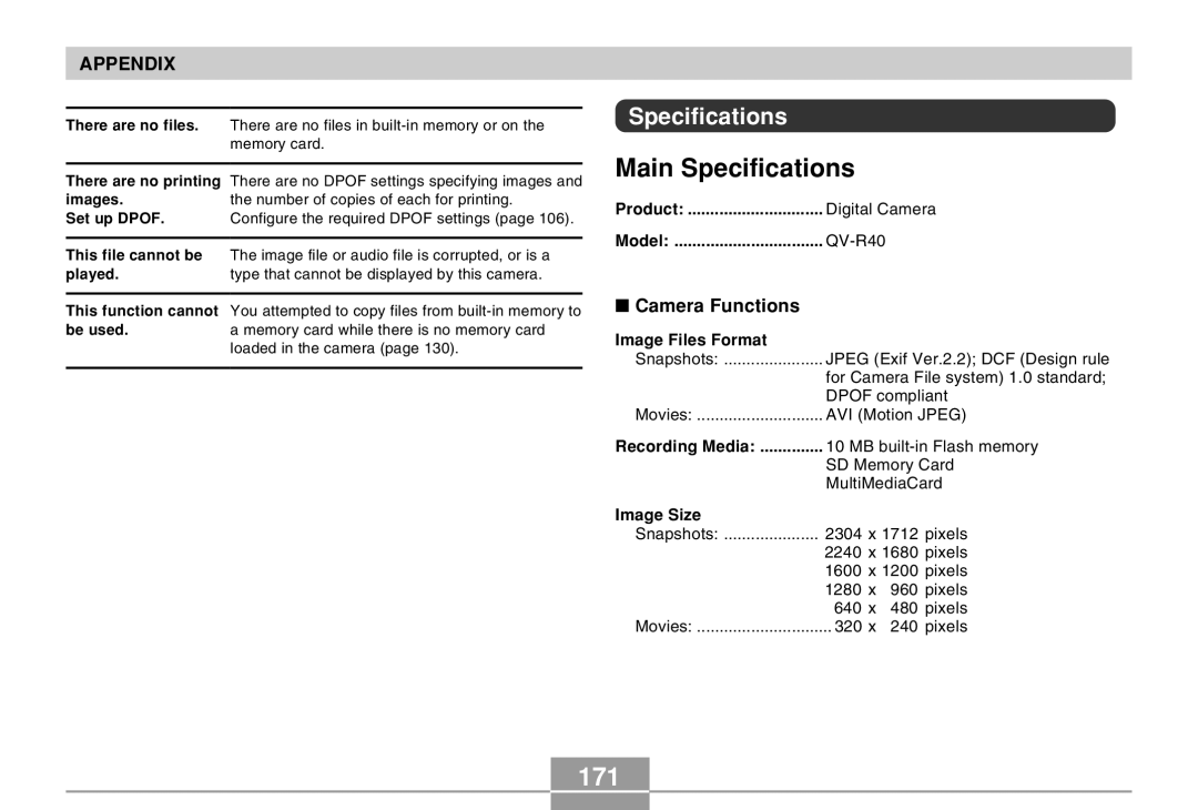 Casio QV-R40 manual Main Specifications, 171, Camera Functions 