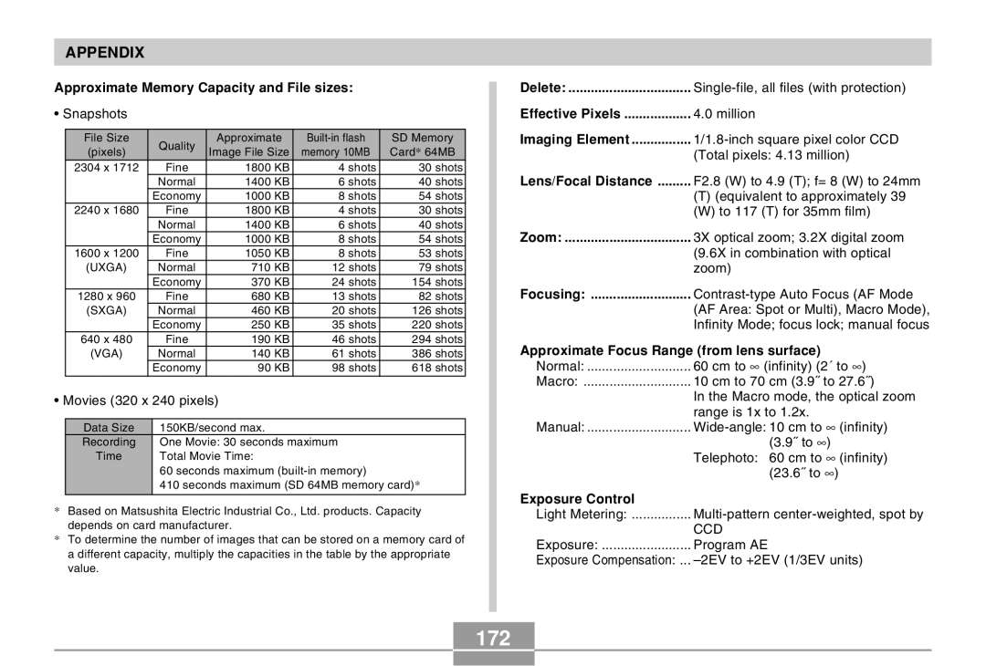 Casio QV-R40 manual 172, Approximate Memory Capacity and File sizes 