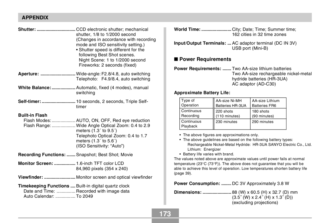 Casio QV-R40 manual 173, Power Requirements 