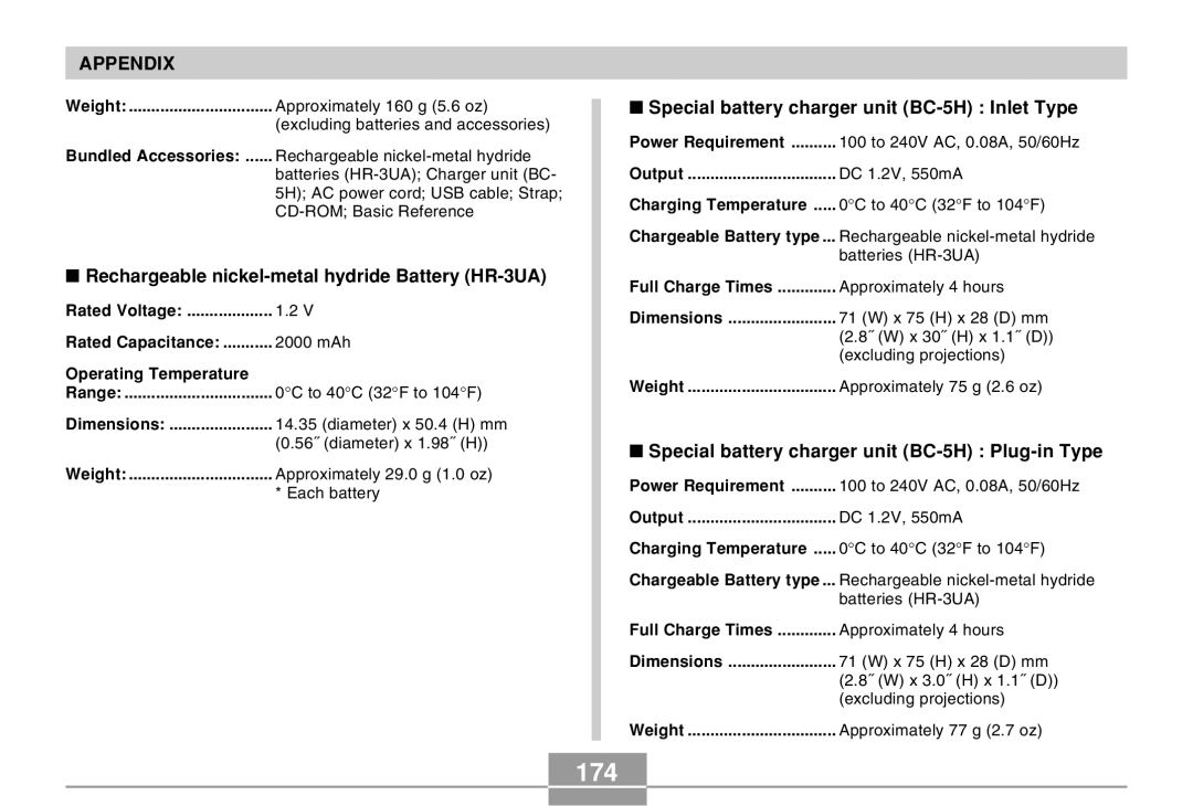 Casio QV-R40 manual 174, Rechargeable nickel-metal hydride Battery HR-3UA, Special battery charger unit BC-5H Inlet Type 