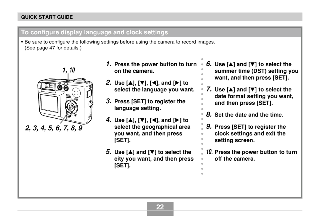 Casio QV-R40 manual 4, 5, 6, 7, 8, To configure display language and clock settings 