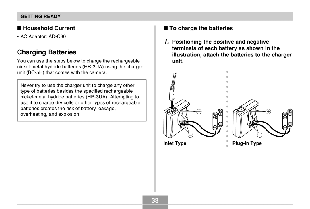 Casio QV-R40 manual Charging Batteries, Household Current, To charge the batteries 