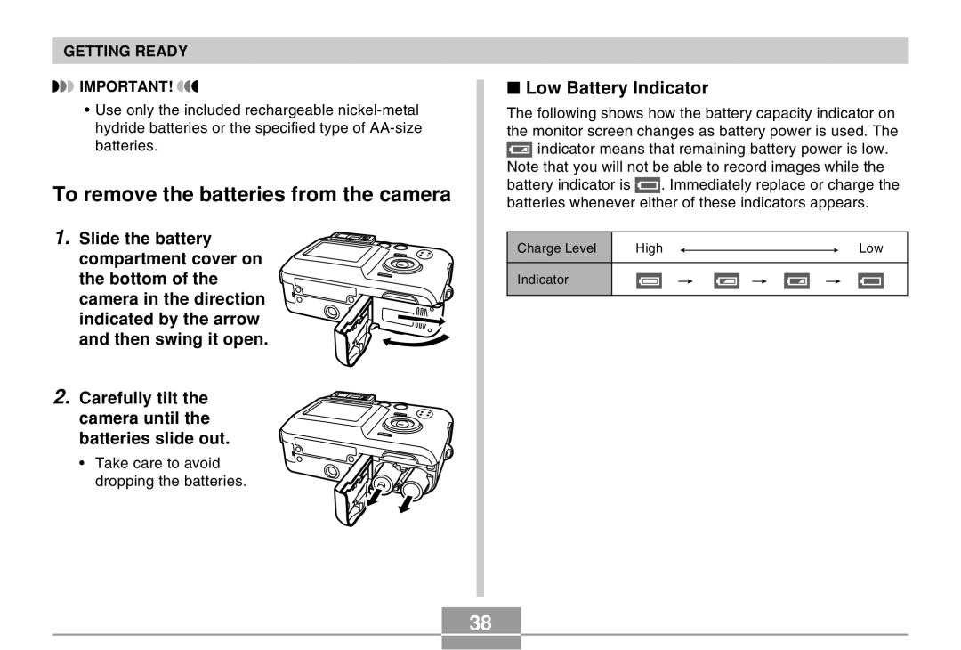 Casio QV-R40 manual To remove the batteries from the camera, Low Battery Indicator 