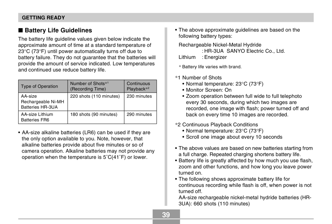 Casio QV-R40 manual Battery Life Guidelines 