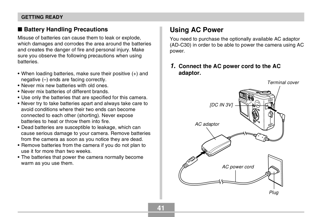 Casio QV-R40 manual Using AC Power, Battery Handling Precautions, Connect the AC power cord to the AC adaptor 