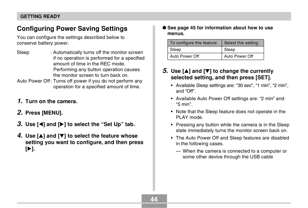 Casio QV-R40 manual Configuring Power Saving Settings, See page 45 for information about how to use menus 