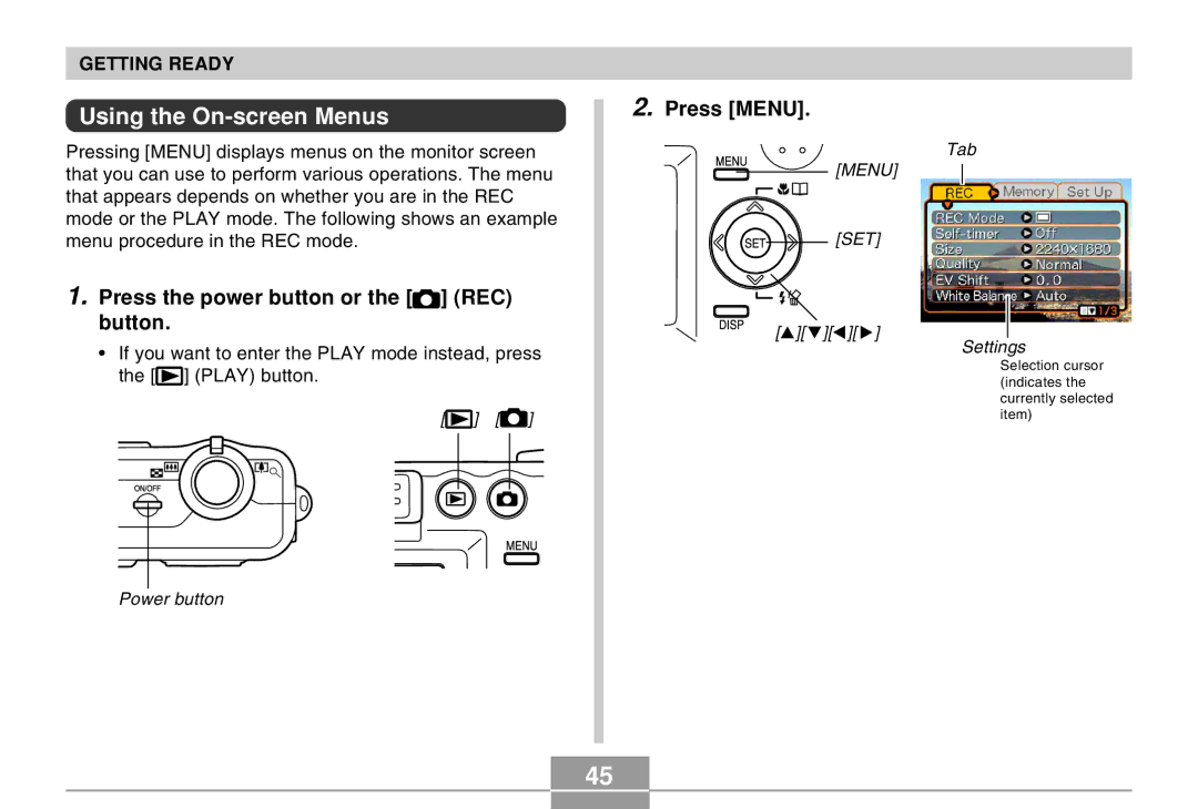 Casio QV-R40 manual Using the On-screen Menus, Press the power button or the REC button 