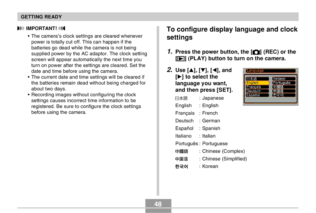 Casio QV-R40 manual To configure display language and clock settings 