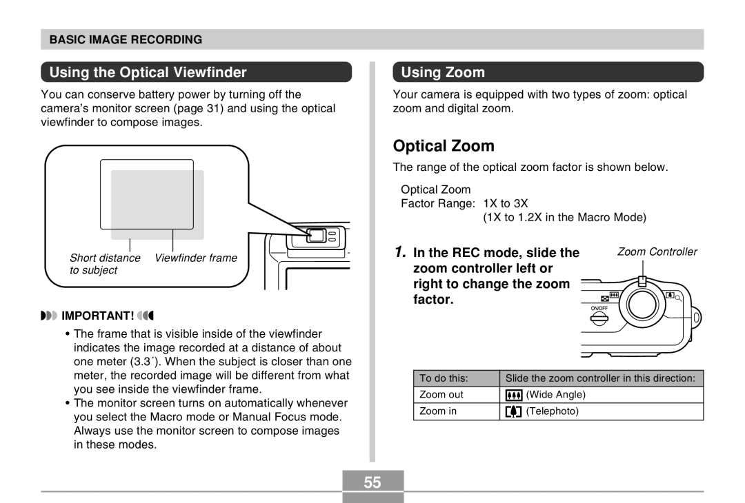 Casio QV-R40 manual Optical Zoom, Using the Optical Viewfinder, Using Zoom, REC mode, slide 