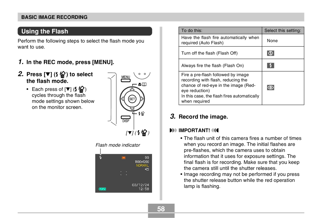 Casio QV-R40 manual Using the Flash, REC mode, press Menu Press to select Flash mode, Record the image 