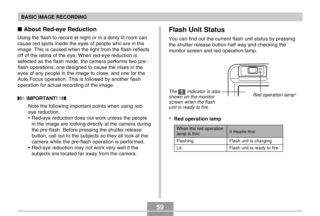 Casio QV-R40 manual Flash Unit Status, About Red-eye Reduction, Red operation lamp 