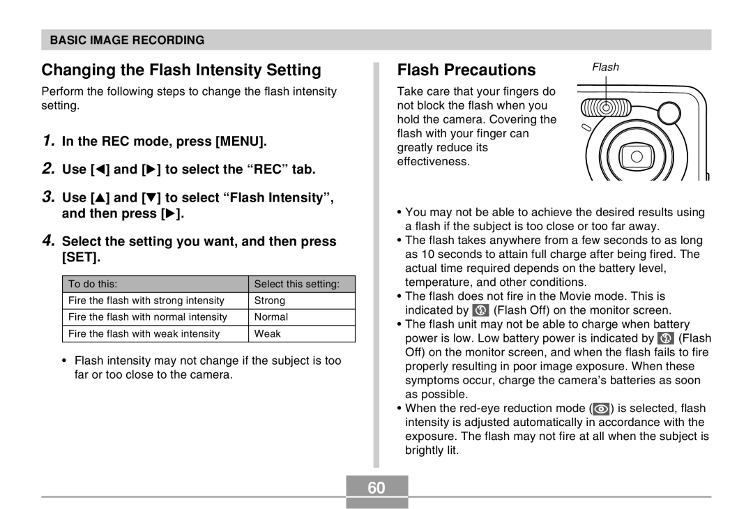 Casio QV-R40 manual Changing the Flash Intensity Setting, Flash Precautions 