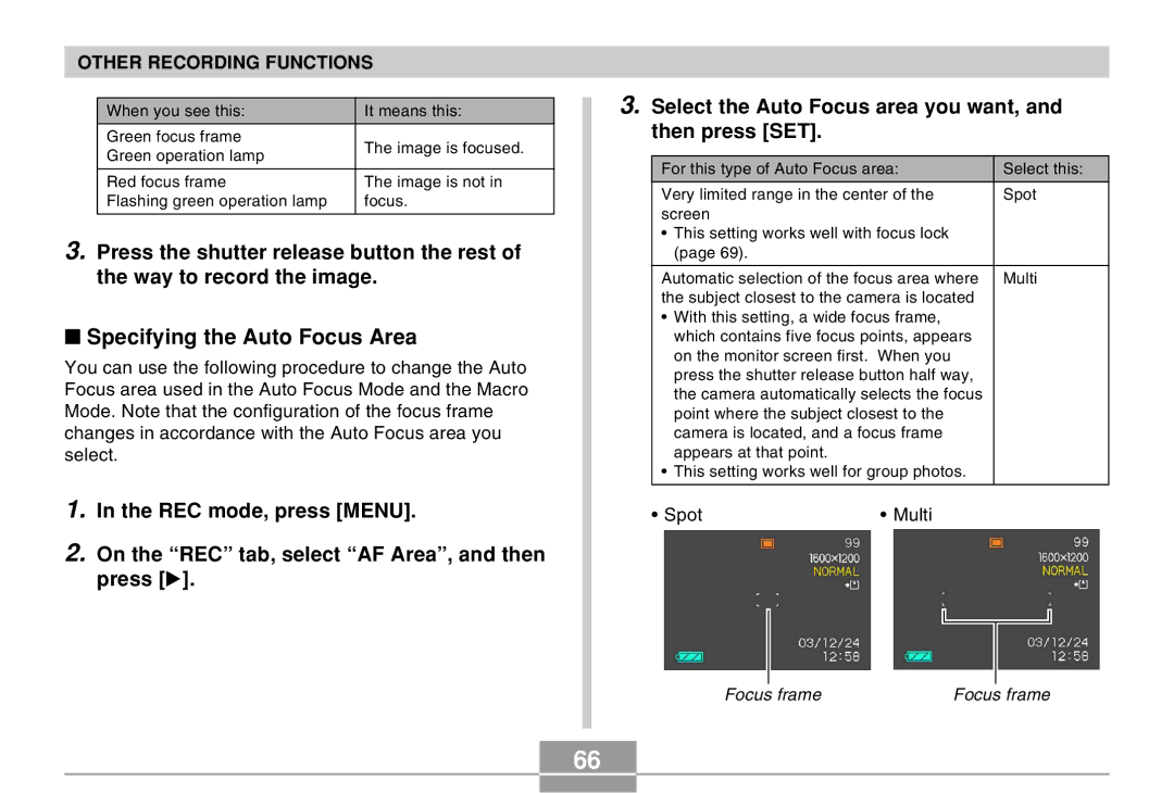 Casio QV-R40 manual Specifying the Auto Focus Area, Other Recording Functions 