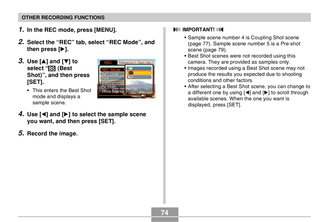 Casio QV-R40 manual This enters the Best Shot mode and displays a sample scene 