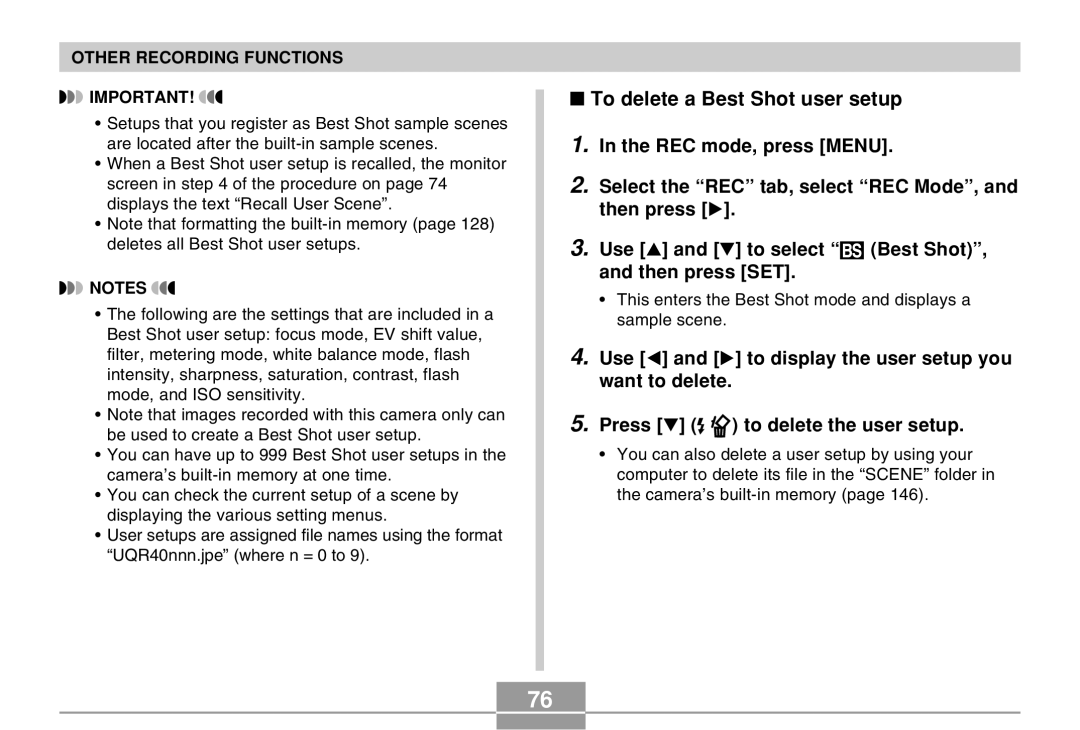 Casio QV-R40 manual To delete a Best Shot user setup 