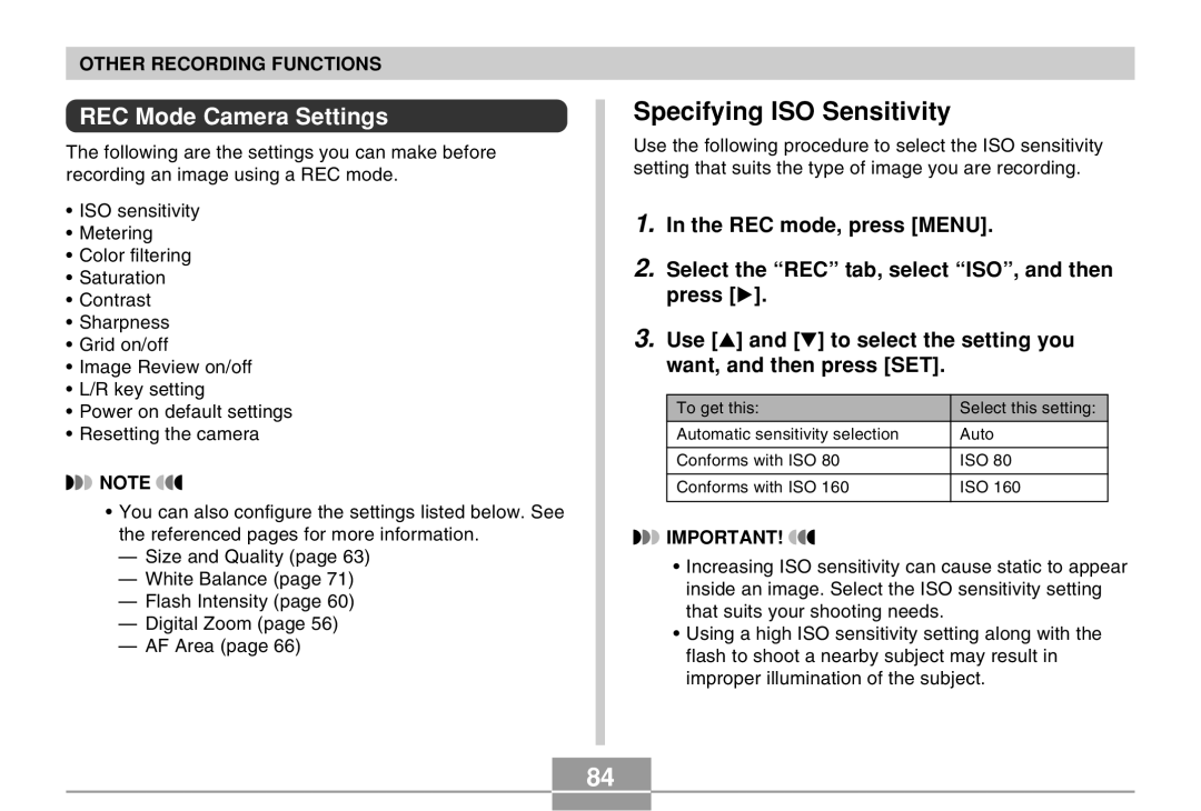 Casio QV-R40 manual Specifying ISO Sensitivity, REC Mode Camera Settings 