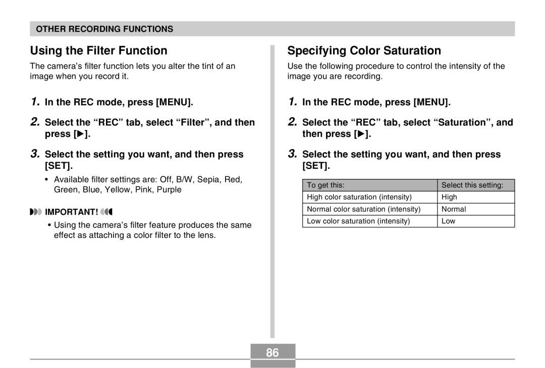 Casio QV-R40 manual Using the Filter Function, Specifying Color Saturation 