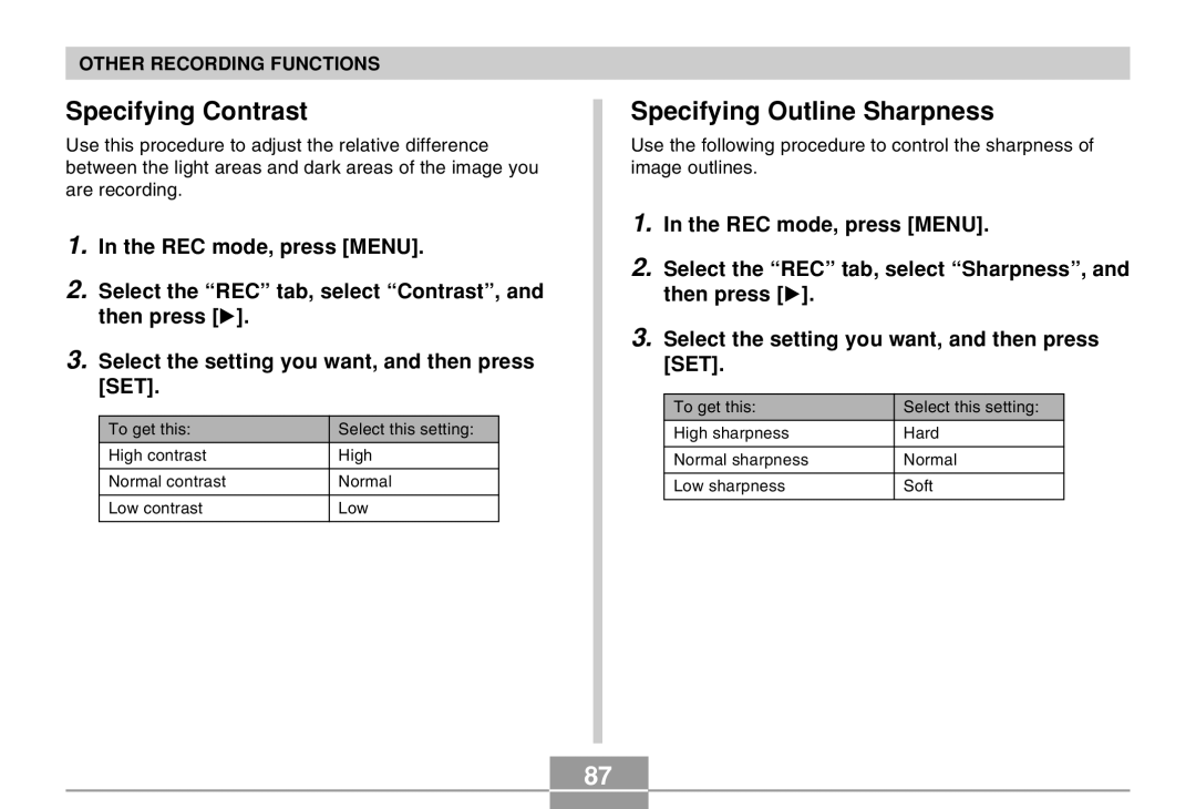 Casio QV-R40 manual Specifying Contrast, Specifying Outline Sharpness 