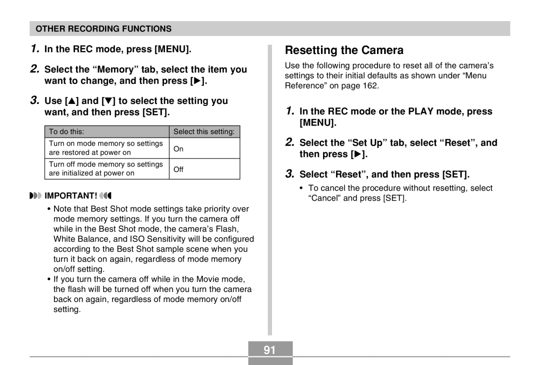 Casio QV-R40 manual Resetting the Camera 