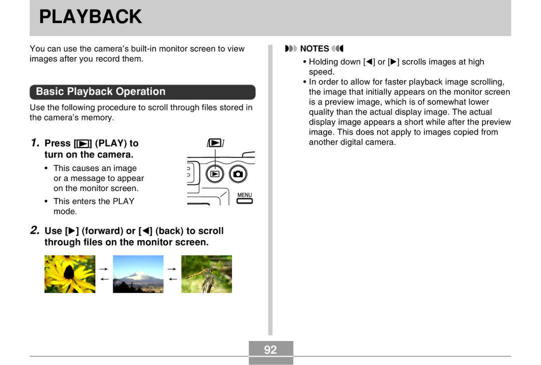 Casio QV-R40 manual Basic Playback Operation, Press Play to Turn on the camera 