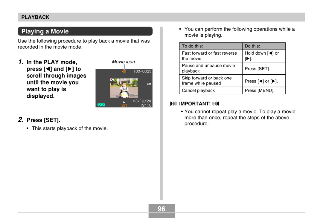 Casio QV-R40 manual Playing a Movie, Play mode 