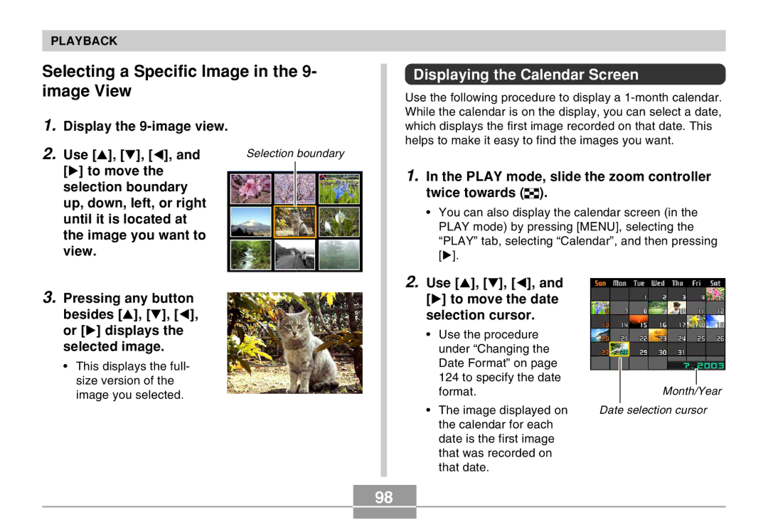 Casio QV-R40 Selecting a Specific Image in the 9- image View, Displaying the Calendar Screen, Display the 9-image view Use 