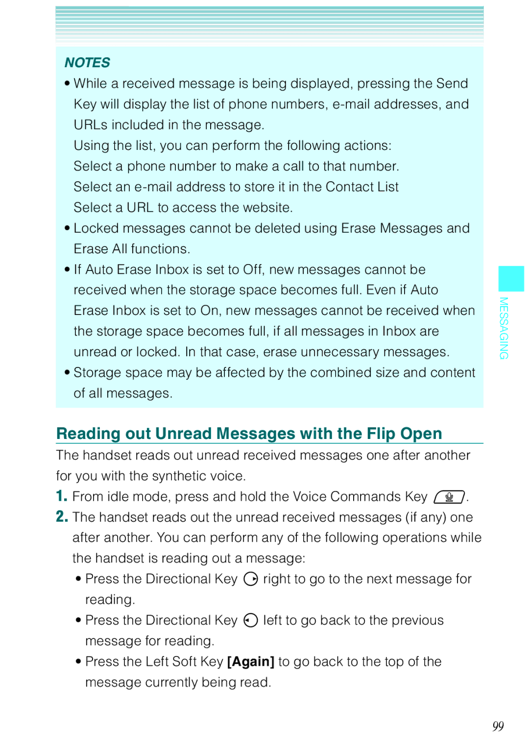 Casio Ravine manual Reading out Unread Messages with the Flip Open 