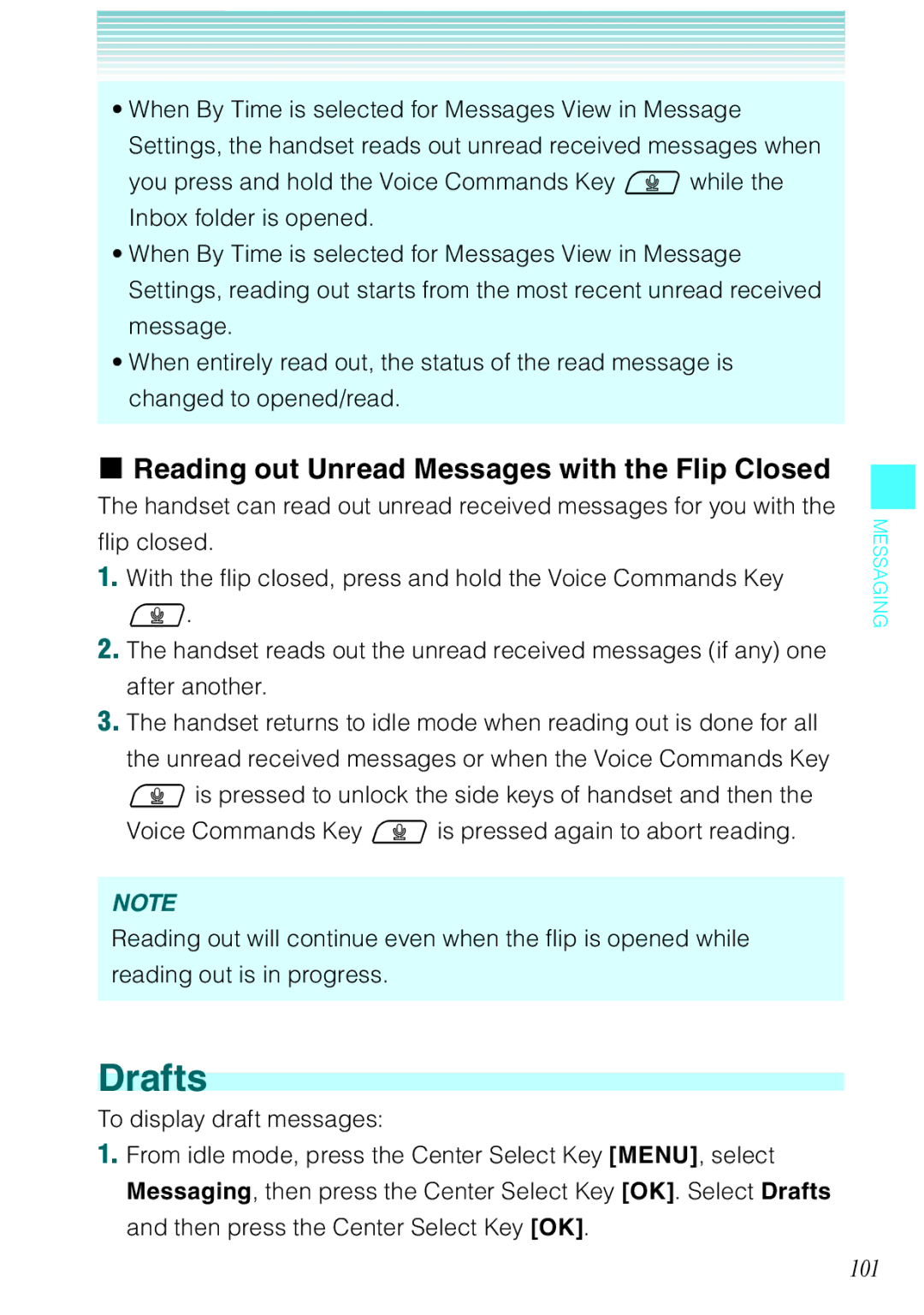 Casio Ravine manual Drafts, Reading out Unread Messages with the Flip Closed, 101 