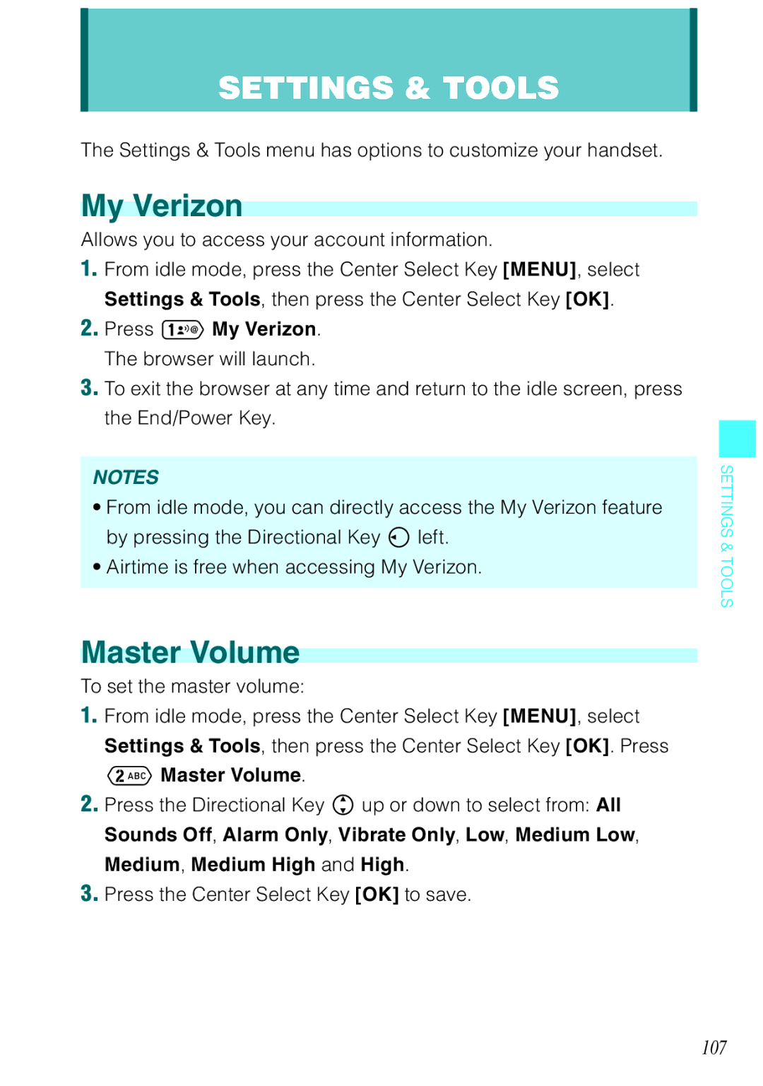 Casio Ravine manual My Verizon, 107, Master Volume 