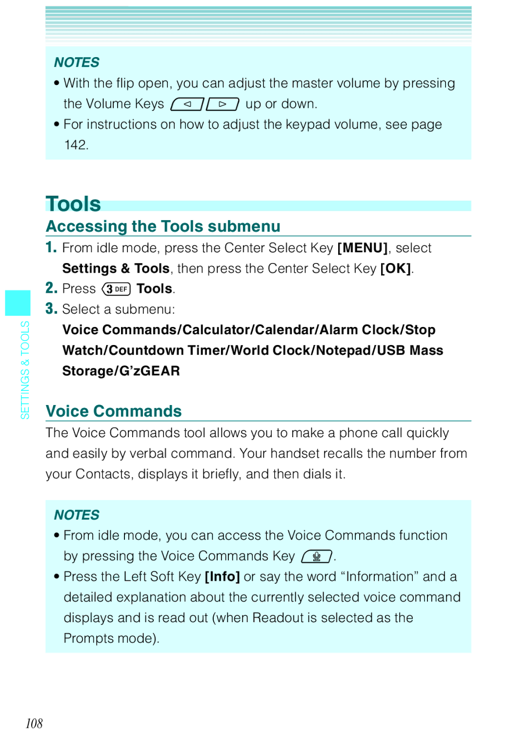 Casio Ravine manual Accessing the Tools submenu, Voice Commands, 108 