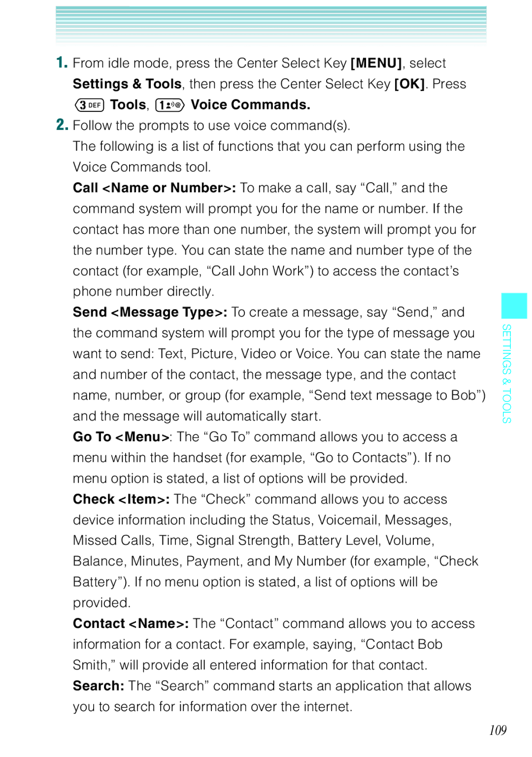 Casio Ravine manual 109, Tools, Voice Commands 