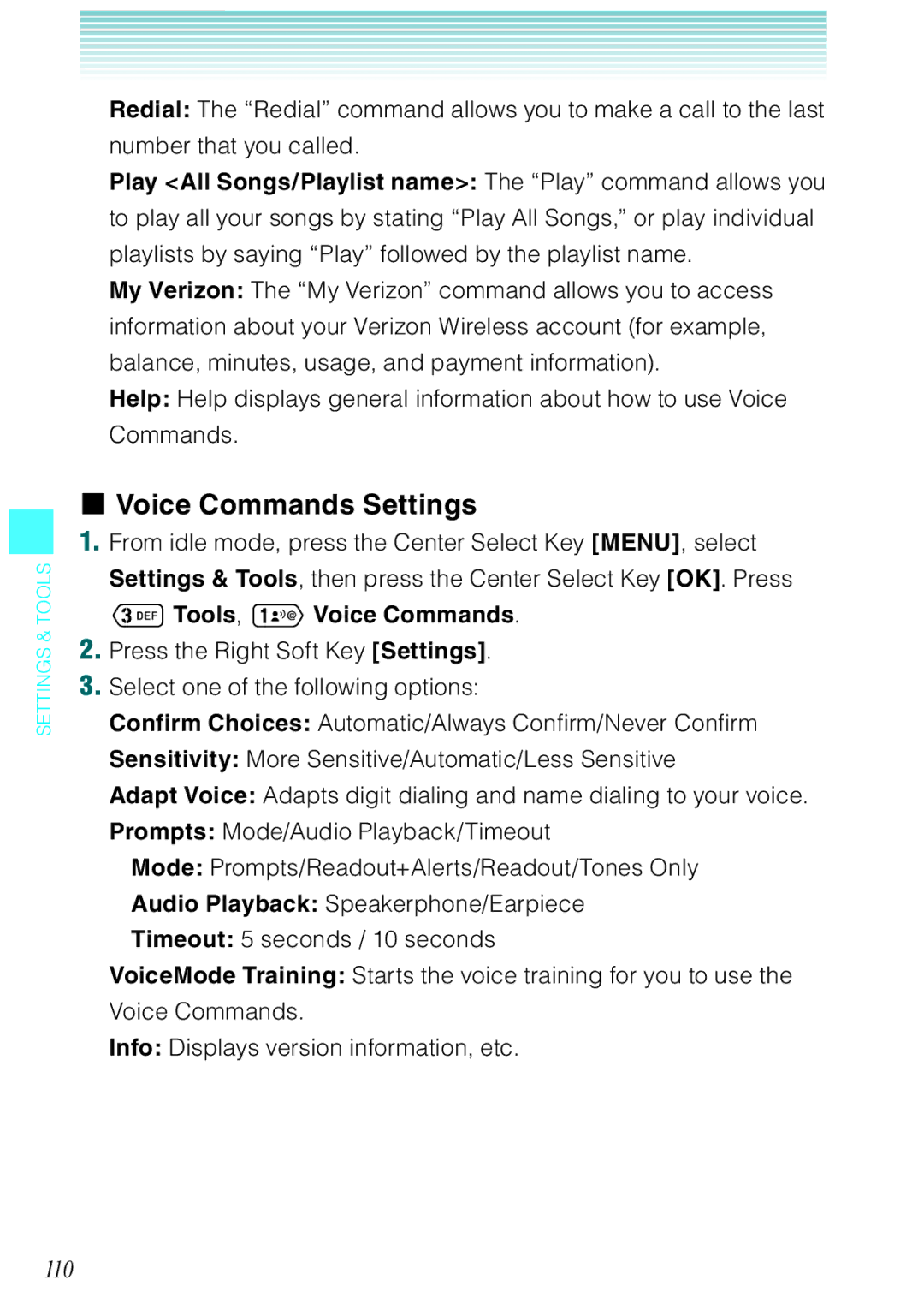 Casio Ravine manual Voice Commands Settings, 110 