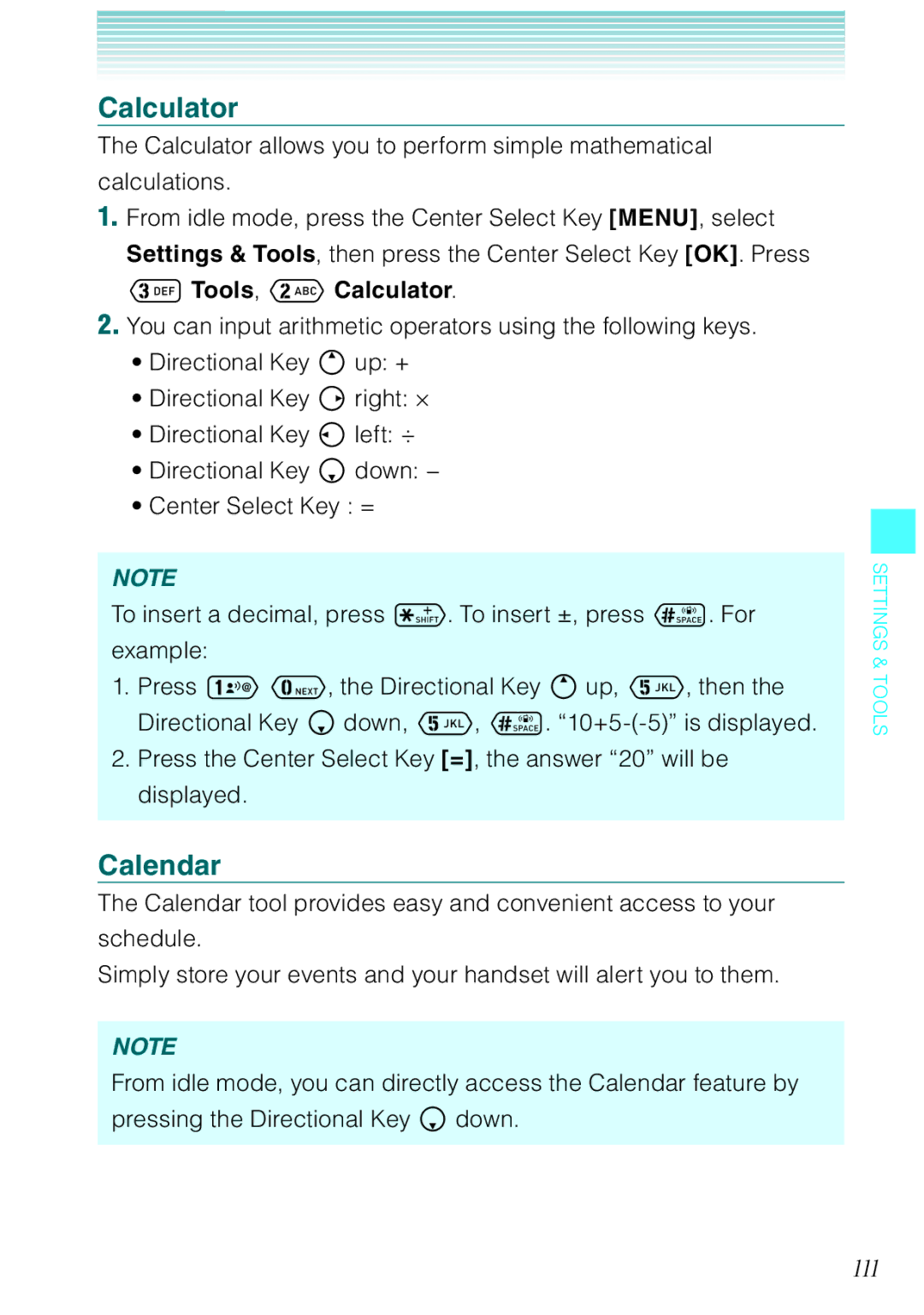 Casio Ravine manual Calendar, 111, Tools, Calculator 