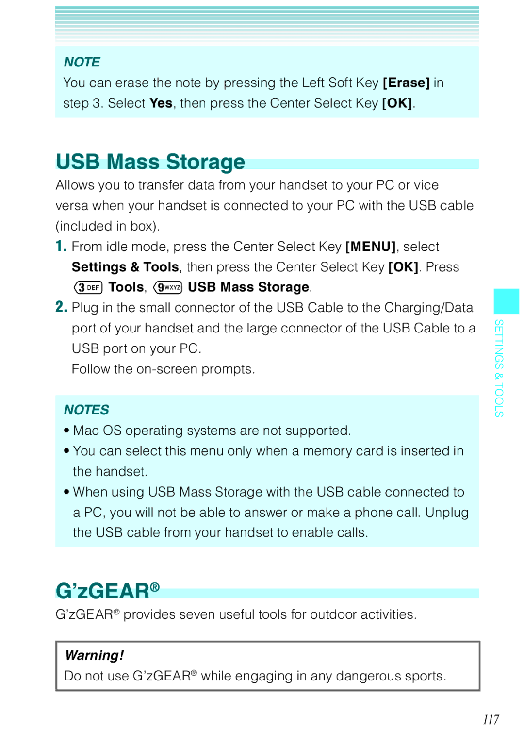 Casio Ravine manual ’zGEAR, 117, Tools, USB Mass Storage 