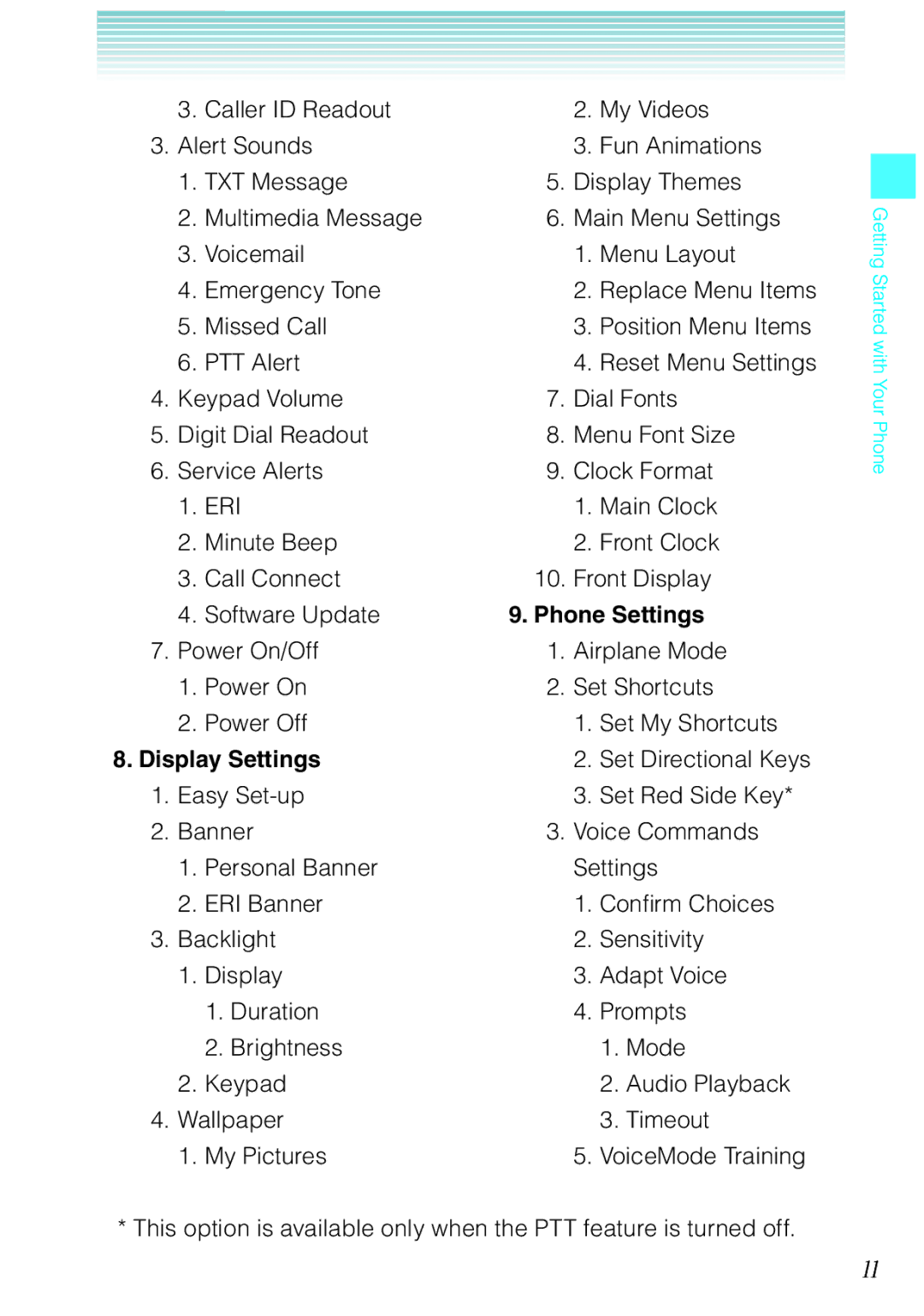 Casio Ravine manual Missed Call, Main Clock, Phone Settings, Display Settings, Set Directional Keys 