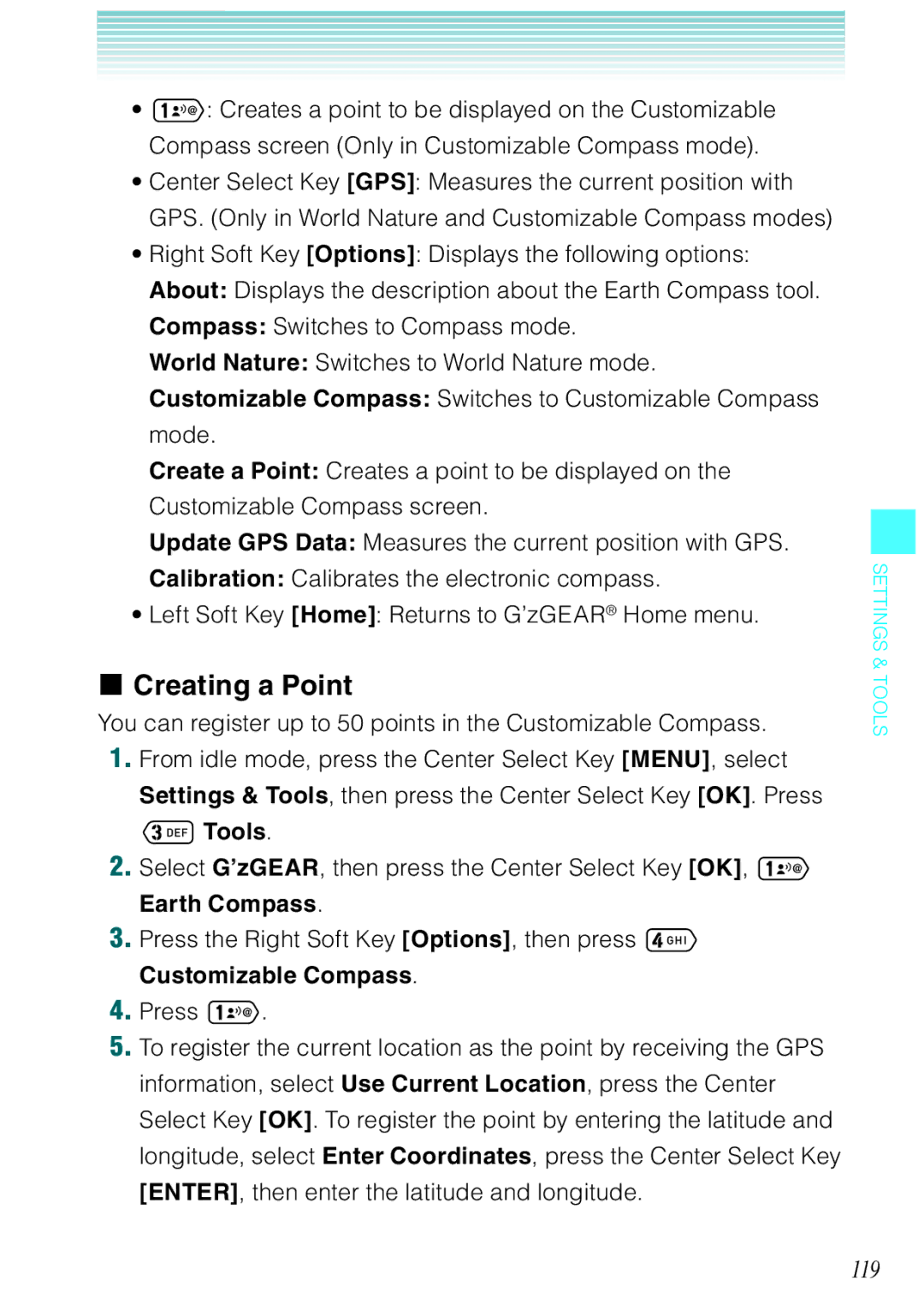 Casio Ravine manual Creating a Point, 119, Press the Right Soft Key Options, then press , Customizable Compass 